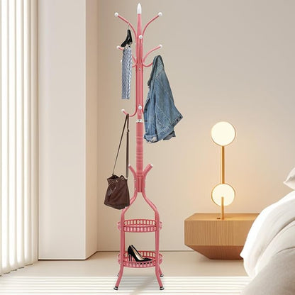 72.8in Coat Rack Freestanding 12 Hooks Coat Tree with Umbrella Holder Metal Modern Coat Hanger Stand for Entryway, Purse Rack Hat Rack Stand for Living Room Bedroom Office (Pink)