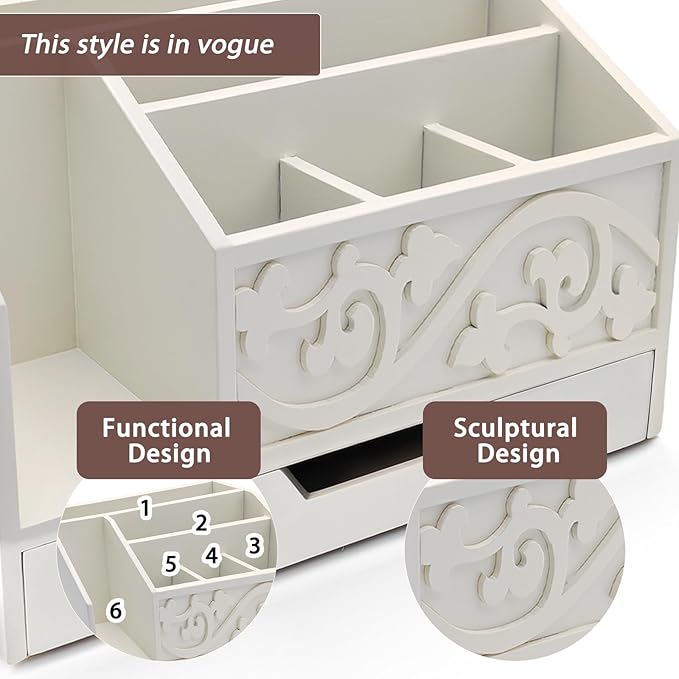 White Wooden Mail Organizer with Drawer, Three Tiered Desk Accessories for Office Organization and Storage, Stylish Countertop Document Storage, Home/Office/Classroom Supplies (White02)