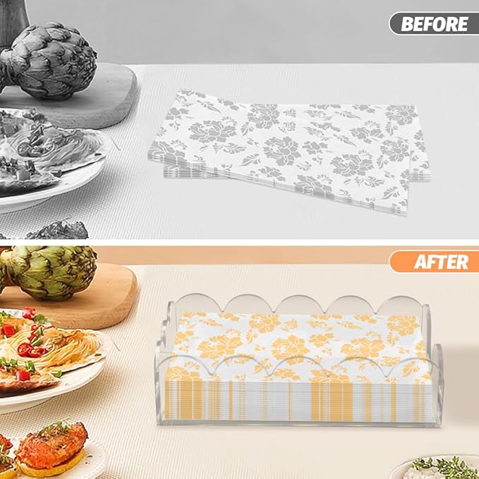 Clear Acrylic Napkin Holder, Scalloped Napkin Holder for Table, Paper Hand Towels Storage Tray for Bathroom, Kitchen, Parties, Weddings, and Various Events(9x5.1x2.4 inch)