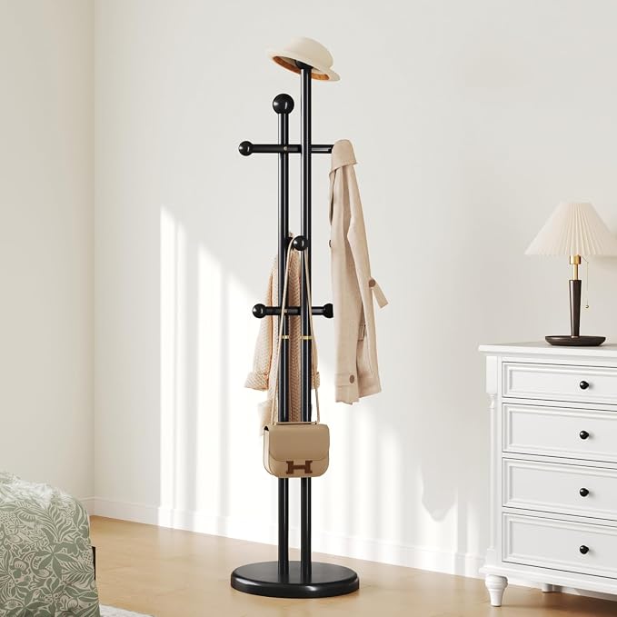Uniclinens Wood Coat Rack Freestanding - Heavy Duty Freestanding Coat Rack, Wooden Coat Stand with 6 Hooks Creative Tree Branch-look for Entryway, Hallway, Bedroom (Black)