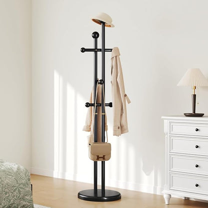 Uniclinens Wood Coat Rack Freestanding - Heavy Duty Freestanding Coat Rack, Wooden Coat Stand with 6 Hooks Creative Tree Branch-look for Entryway, Hallway, Bedroom (Black)