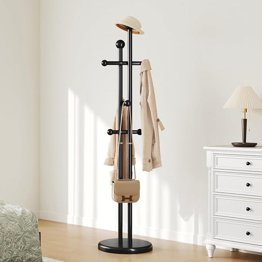 Uniclinens Wood Coat Rack Freestanding - Heavy Duty Freestanding Coat Rack, Wooden Coat Stand with 6 Hooks Creative Tree Branch-look for Entryway, Hallway, Bedroom (Black)