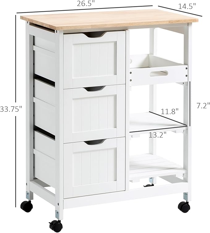 HOMCOM Rolling Kitchen Island Cart, Bar Serving Cart, Compact Trolley on Wheels with Wood Top, Shelves & Drawers for Home Dining Area, White