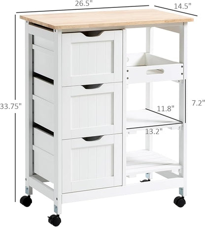 HOMCOM Rolling Kitchen Island Cart, Bar Serving Cart, Compact Trolley on Wheels with Wood Top, Shelves & Drawers for Home Dining Area, White