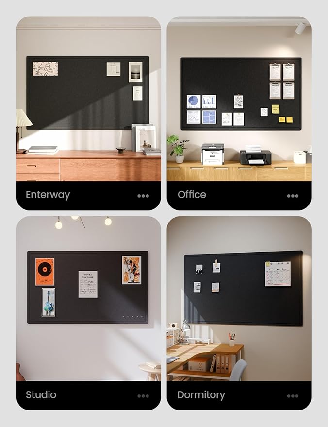 Fluxynara Large Bulletin Board, 59" x 35.4" Cork Board Alternative with 24 Safe Removable Adhesive Tabs, Foldable Felt Pin Board for Home Office, Classroom, Bedroom,Entryway for Walls— Black