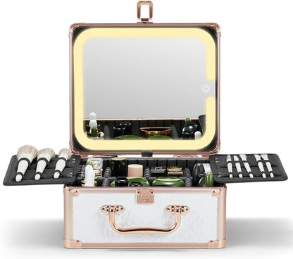 Qislee Makeup Box with A Detachable Lighted Mirror, Waterproof Travel Train Case, Cosmetic Organizer and Makeup Suitcase with Adjustable Dividers, Magnetic LED Mirror(Bright White)