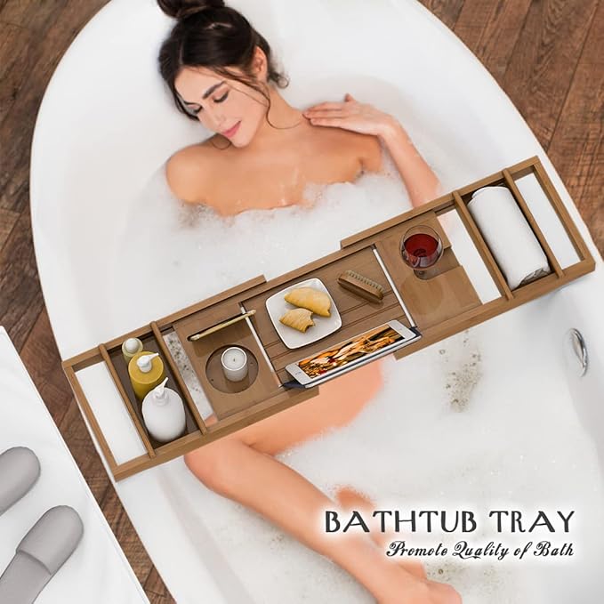 Bath Caddy Tray for Bathtub - Bamboo Adjustable Organizer Tray for Bathroom with Free Soap Dish Suitable for Luxury Spa or Reading(Walnut)