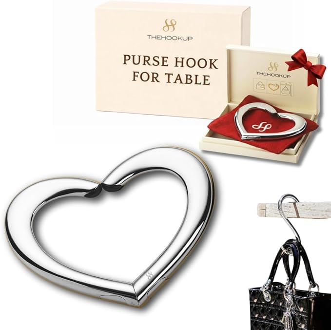 FafaConcepts Heart Shape Platinum Purse Hook Hanger, Charm – Ultra-Lightweight Heavy duty S Hook for Cafes, Work & Travel | Holds Up to 30 lbs | Christmas Gift, Bag Holder, Stocking Stuffers for Women