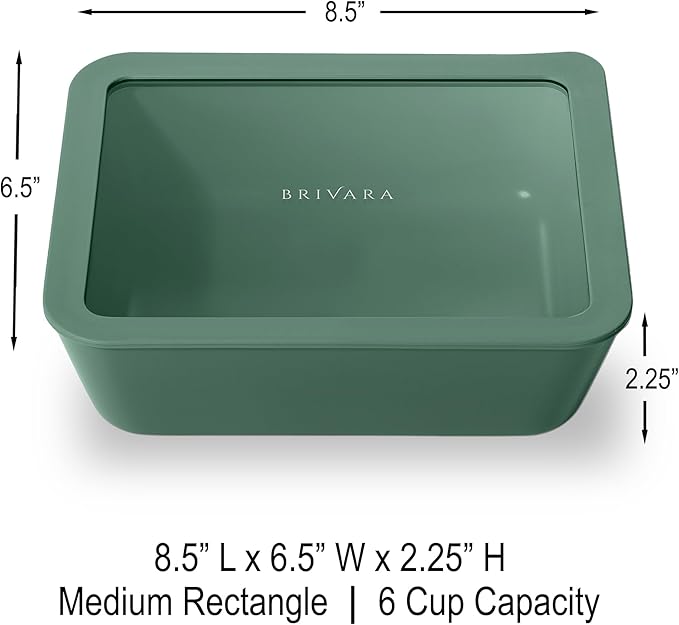 BRIVARA HOME Ceramic Coated Glass Food Storage Container | No PTFE, PFOA, PFAS, and BPA | Reusable Non Toxic Meal Prep Container with Glass Lid | Easy To Store | 6 Cup Rectangle [Pine]