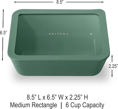 BRIVARA HOME Ceramic Coated Glass Food Storage Container | No PTFE, PFOA, PFAS, and BPA | Reusable Non Toxic Meal Prep Container with Glass Lid | Easy To Store | 6 Cup Rectangle [Pine]