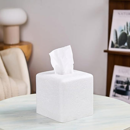 White Sandstone Tissue Box Cover Square for Home Decor,Resin Heavy Tissue Box Holder for Bathroom Countertop,Tabletop,Bedside Table,Office (Handmade of Resin)