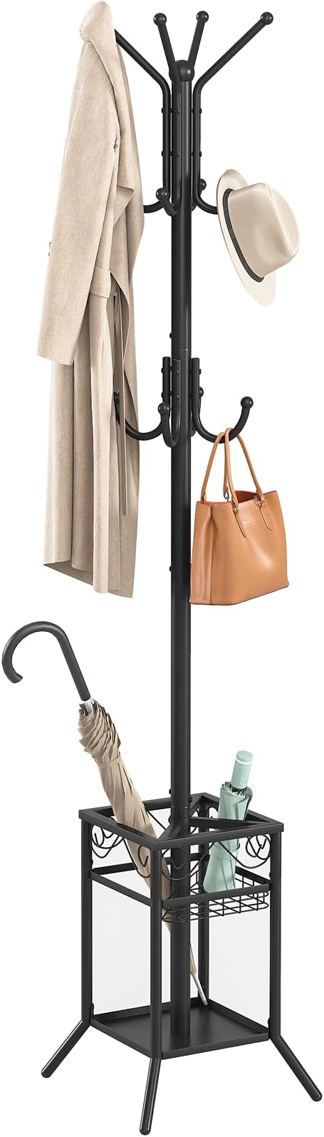 ELYKEN Coat Rack Freestanding, Metal Coat Rack Stand with Umbrella Holder, Modern Coat Tree with 12 Hooks, Floor Standing Corner Hall Tree for Entryway Living Room Bedroom Office, Black