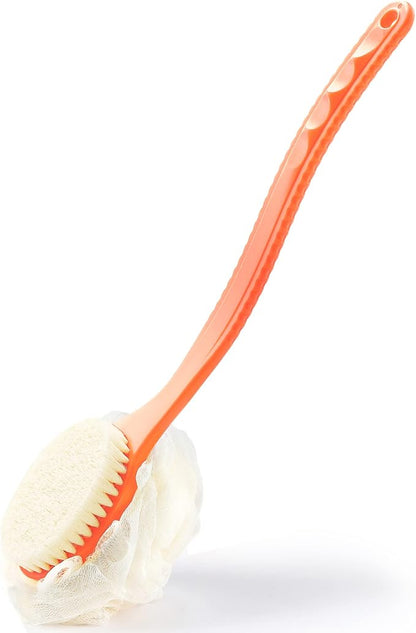 Shower Body Brush with Bristles and Loofah,Back Scrubber Bath Mesh Sponge with Curved Long Handle for Skin Exfoliating Bath, Massage Bristles Suitable for Wet or Dry, Men and Women(Orange)