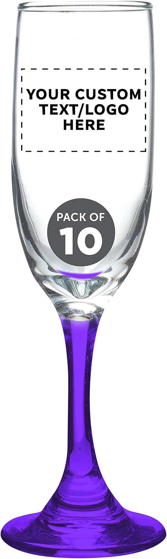 DISCOUNT PROMOS Custom Premiere Champagne Flutes 6.25 oz. Set of 10, Personalized Bulk Pack - Elegant Drinkware for Weddings, Events, & Promotional Gifts - Purple