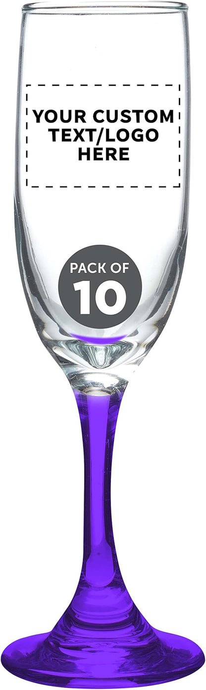 DISCOUNT PROMOS Custom Premiere Champagne Flutes 6.25 oz. Set of 10, Personalized Bulk Pack - Elegant Drinkware for Weddings, Events, & Promotional Gifts - Purple