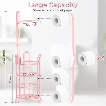 TomCare Toilet Paper Holder Toilet Paper Stand and Dispenser for 3 Spare Rolls Metal Wire Free-Standing Toilet Tissue Paper Roll Storage Shelf Bathroom Accessories Storage Organizer Pink