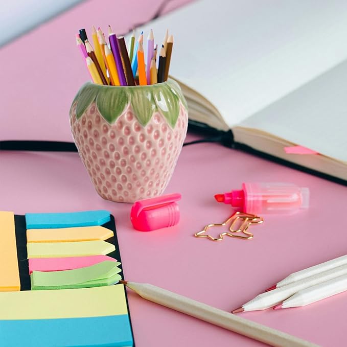 Strawberry Pencil Holder, Cute Pen Holder for Desk, Ceramic Pen Holder, Stand Makeup Brush Holder, for School, Home, Office Desk Decor(Pink)