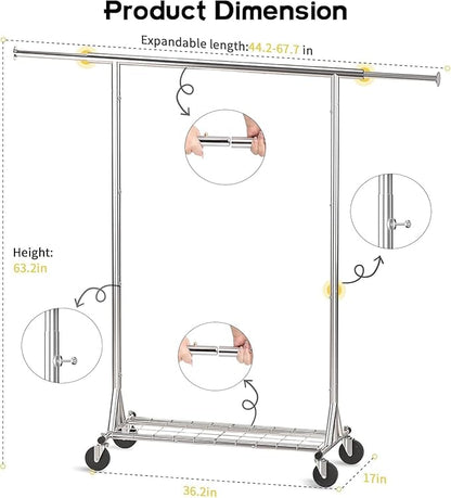 Clothing Garment Rack Capacity 550LBS Rolling Clothes Rack on Wheels - Heavy Duty Commercial Storage Organizer - Mobile Clothes Rack with Multifunctional Design (Silver)
