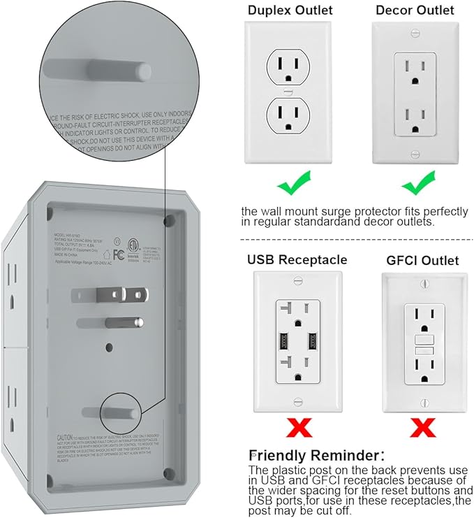USB Wall Charger, Surge Protector, QINLIANF 5 Outlet Extender with 4 USB Charging Ports (4.8A Total) 3-Sided 1680J Power Strip Multi Plug Outlets Wall Adapter Spaced for Home Travel Office(3U1C),Grey