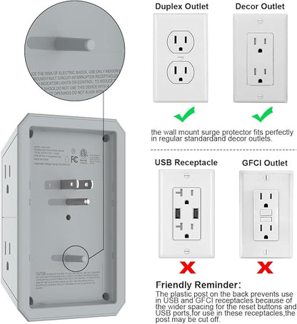 USB Wall Charger, Surge Protector, QINLIANF 5 Outlet Extender with 4 USB Charging Ports (4.8A Total) 3-Sided 1680J Power Strip Multi Plug Outlets Wall Adapter Spaced for Home Travel Office(3U1C),Grey