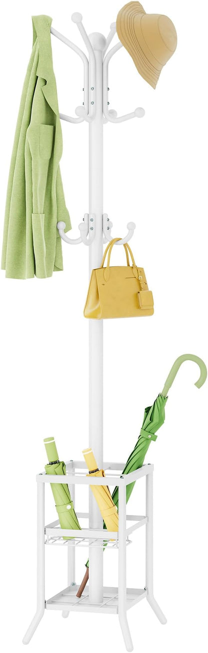 FAVOOSTY Coat Rack Freestanding,Coat Rack Stand with Umbrella Holder,Metal Coat Tree with 12 Hooks,Tree Clothes Hat for Entryway, Hallway, Bedroom, Living Room & Office -White