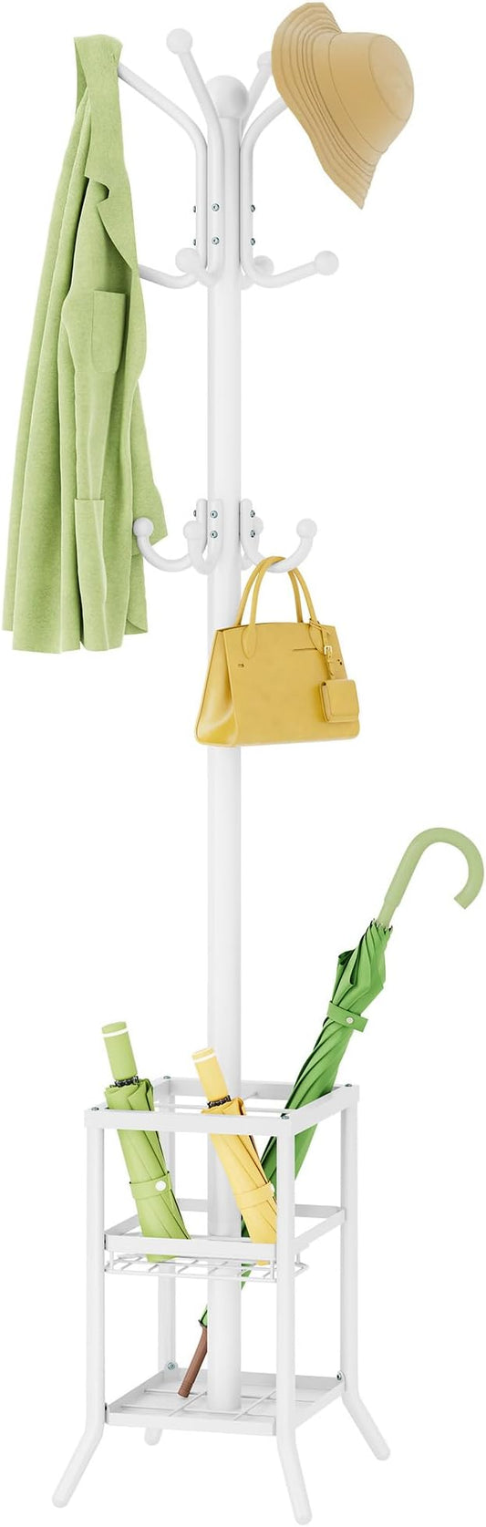FAVOOSTY Coat Rack Freestanding,Coat Rack Stand with Umbrella Holder,Metal Coat Tree with 12 Hooks,Tree Clothes Hat for Entryway, Hallway, Bedroom, Living Room & Office -White