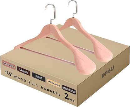 17.5" Wooden Suit Hangers with Non Slip Pants Bar, 2-Pack Wood Extra-Wide Shoulder Hangers with Flat-Head Hook for Suits, Coats, Jackets, Shirts, Pants, Heavy Clothes (Cedar Wood)