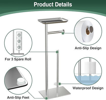 Toilet Paper Holder Stand with Top Storage Shelf, Free Standing Toilet Roll Dispenser for Bathroom, Holds 4 Reserve Rolls