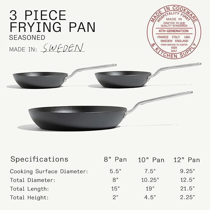 Made In Cookware | 3 Piece (Includes 8",10",12") Seasoned Blue Carbon Steel Frying Pan - (Like Cast Iron, but Better) | Professional Cookware | Crafted in Sweden | Induction Compatible