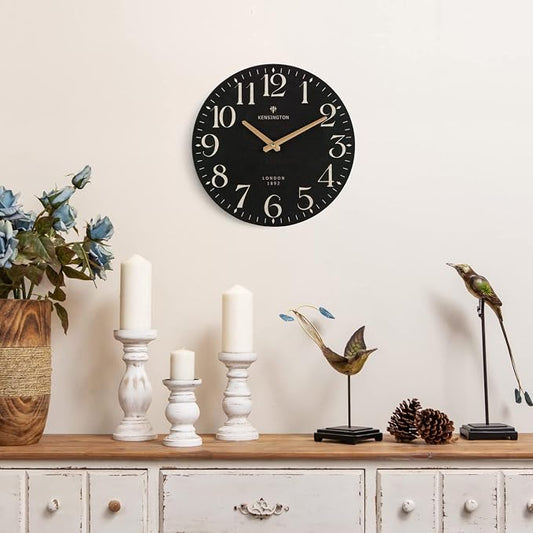 NIKKY HOME Farmhouse Black Wall Clock - 12 Inch Quartz Battery Operated Vintage Wooden Decorative Silent Analog Clock for Kitchen, Living Room, Bedroom, Office