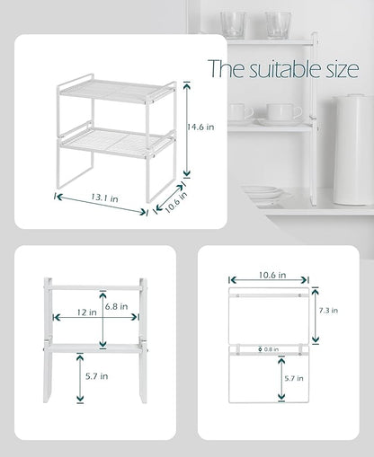 Shantton 2Pack Kitchen Cabinet Shelf Counter Organizer Rack Pantry Storage Bathroom Bedroom Office Table Desk Space Saving Stackable Rust Resistant Non Slip White Wide L13.1in W10.6in H7.3in