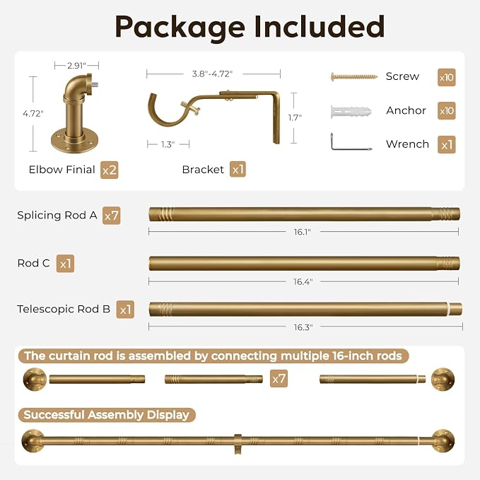 Zeerobee Curtain Rods for Windows 72 to 144, 1 Inch Industrial Wrap Around Warm Gold Curtain Rod, Indoor/Outdoor Room Divider Adjustable Drapery Pole, 72"-144"