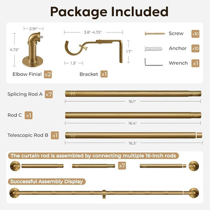 Zeerobee Curtain Rods for Windows 72 to 144, 1 Inch Industrial Wrap Around Warm Gold Curtain Rod, Indoor/Outdoor Room Divider Adjustable Drapery Pole, 72"-144"