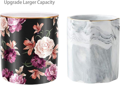 WAVEYU Pen Holder for Desk, Pencil Cup Holder, Cute Floral Makeup Brush Holder Durable Ceramic Flower Design Desk Pencil Organizer for Office, Classroom, Black