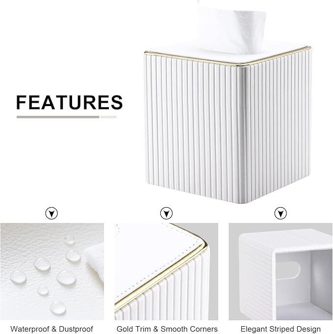 KINGFOM Tissue Box Cover, PU Leather Square Tissue Box Holder for Kleenexs with Magnetic Bottom Cover for Facial Tissues/Napkins, Office & Living Room Decor Box White