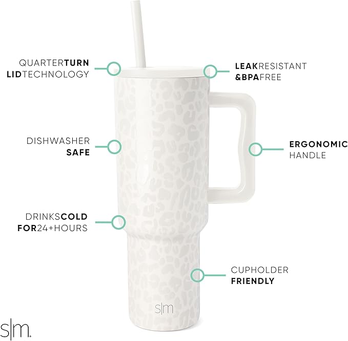 Simple Modern 40 oz Trek Tumbler with Handle and Straw Lid | Cup Holder Friendly Insulated Stainless Steel Travel Mug | Cream Leopard