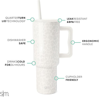 Simple Modern 40 oz Trek Tumbler with Handle and Straw Lid | Cup Holder Friendly Insulated Stainless Steel Travel Mug | Cream Leopard