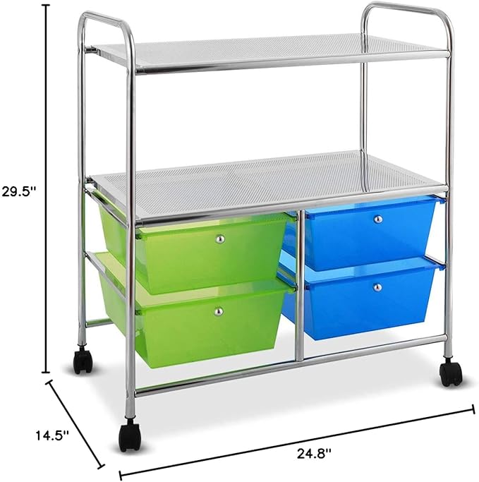 Giantex Rolling Storage Cart w/ 4 Drawers 2 Shelves Metal Rack Shelf Home Office School Beauty Salon Utility Organizer Cart with Wheels (Blue & Green)