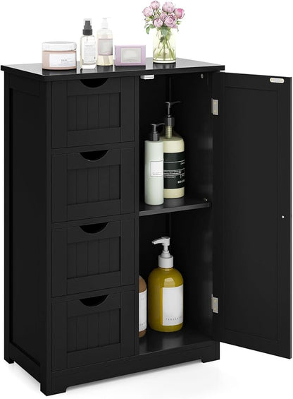 Tangkula Bathroom Floor Cabinet, Freestanding Storage Cabinet with 4 Drawers & Single Door, Adjustable Shelf, Multipurpose Bathroom Storage for Home Office, 21.5 x 12 x 32.5 Inches (Black)