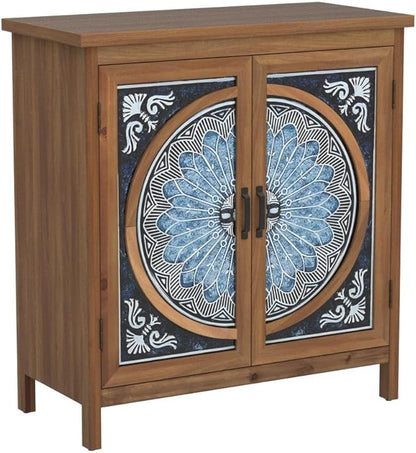 Sophia & William 2-Door Accent Cabinet, Distressed Storage Cabinet with Blue and White Porcelain Pattern for Entryway Living Room