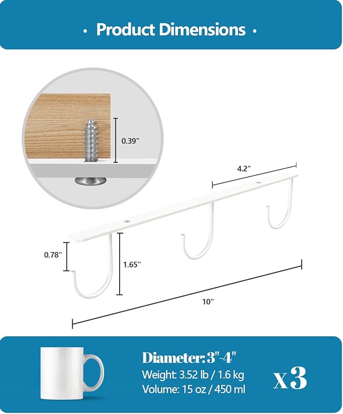 Luckinow 3 Pack Mug Hooks Under Cabinet, Coffee Mug Holder for Hanging Under Shelf, Cup Hanger with 9 Hooks for Displaying Mugs, Coffee Cups and Kitchen Utensils, White