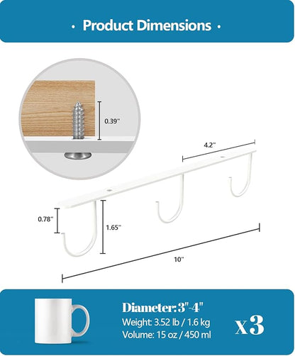 Luckinow 3 Pack Mug Hooks Under Cabinet, Coffee Mug Holder for Hanging Under Shelf, Cup Hanger with 9 Hooks for Displaying Mugs, Coffee Cups and Kitchen Utensils, White