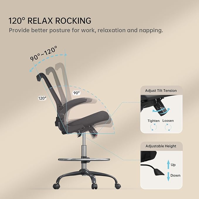 Ergonomic Drafting Chair for Standing Desk, Tall Office Chair with Height Adjustable Arms & Foot Ring, High Back Mesh Counter Stool with Rocking Function