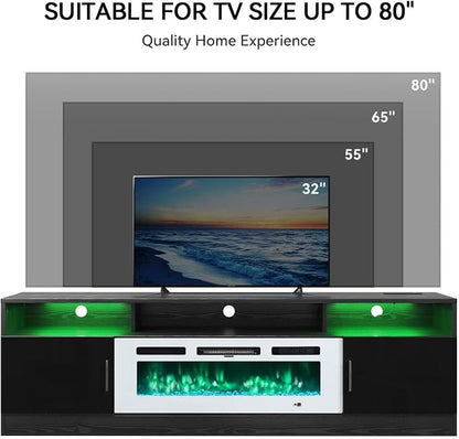 MXV 70" Fireplace TV Stand with Power Outlet for TVs UP to 80", Electric Fireplace Entertainment Center with LED Lights & Storage Cabinets, TV Console for Living Room, Office, Black-White