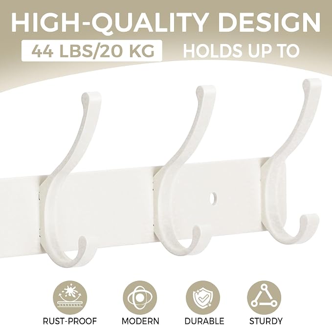 Dntorx Coat Rack Wall Mount, 1 Pack Coat Hooks Hanger Wall Double Hook Rack Rail Towel Hat Rack Entryway Bathroom Hanger Organizer for Robes, Clothes, Bags, Hat(White)