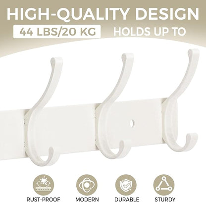 Dntorx Coat Rack Wall Mount, 1 Pack Coat Hooks Hanger Wall Double Hook Rack Rail Towel Hat Rack Entryway Bathroom Hanger Organizer for Robes, Clothes, Bags, Hat(White)