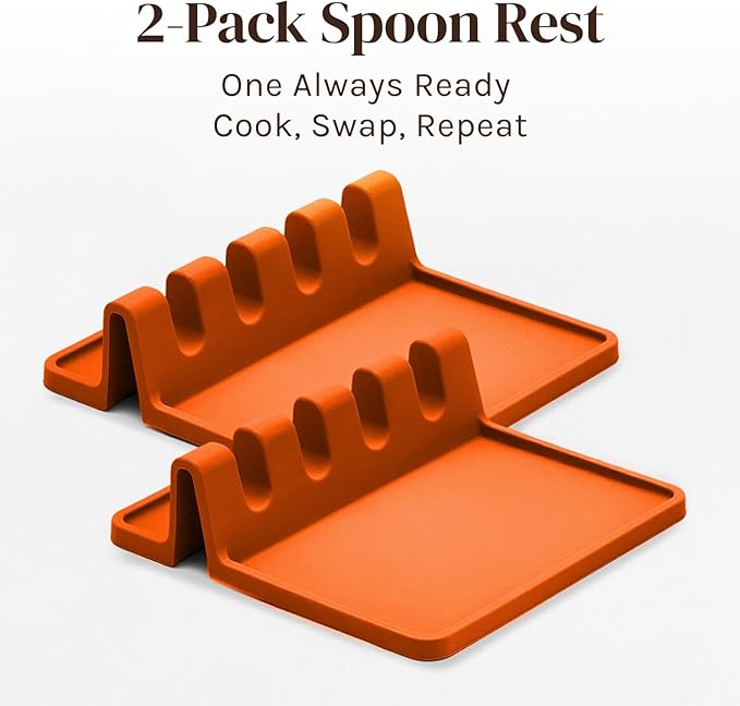 Orange Silicone Spoon Rest for Stove Top with Drip Pad (Two Pack) - Heat Resistant BPA Free Utensil Rest & Spoon Holder for Kitchen Counter - Grill Utensil Chopstick Holder - Spatula Holder