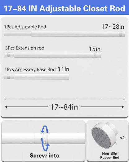 No Drilling Closet Rods for Hanging Clothes, Non Slip Tension Rod with Heavy Duty Clothes Hanging Rod, 17-84 Inches Adjustable Spring Closet Rod for Closet Wardrobe Bathroom Laundry RV, White