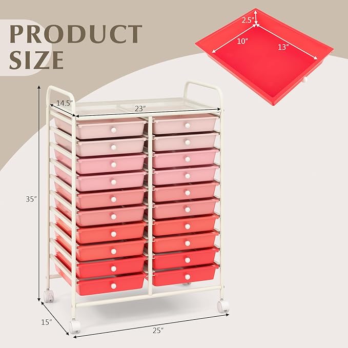 GOFLAME 20-Drawer Rolling Storage Cart, Multifunctional Art Craft Organizer, Mobile Utility Storage with Removable Drawers & Lockable Wheels, Craft Cart for Home Office School, Pink Gradient