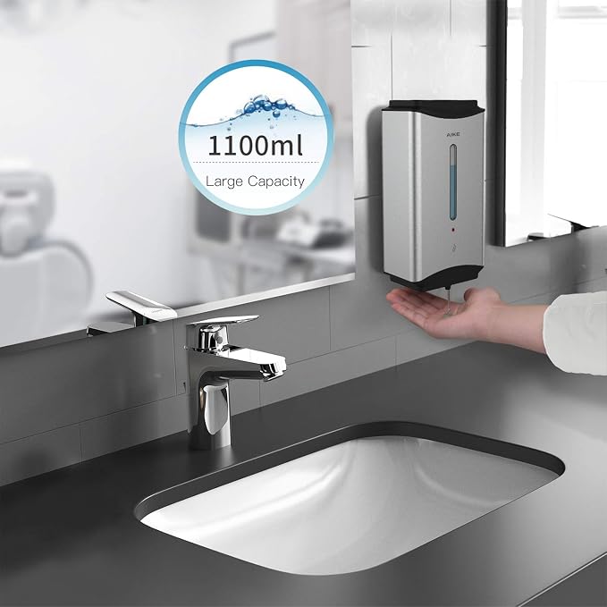AIKE Automatic Soap Dispenser Commercial Wall Mounted Liquid Dispenser Brushed Stainless Steel Finish 1100ml Large Capacity